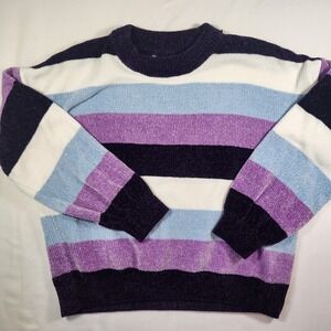 George Chenille Striped Sweater Mens Medium Purple Blue White Crew Neck Pullover